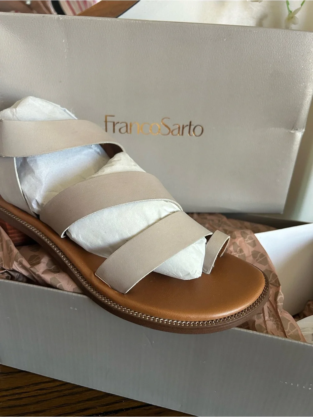 Franco Sarto Neutral Taupe Strappy Block Heel Sandal